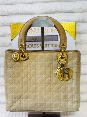 Christian Dior Vintage Lady Dior Bag Cannage Tan Quilted Nylon w/ COA